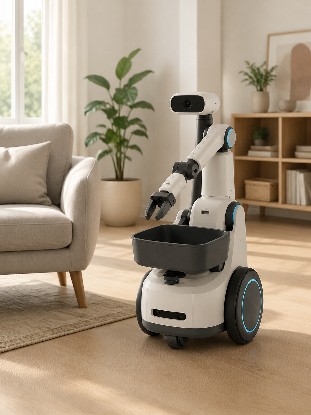 FETCH, a compact warm-white home robot with a carry tray and a single arm, standing on an oak floor beside an armchair in a sunlit living room.