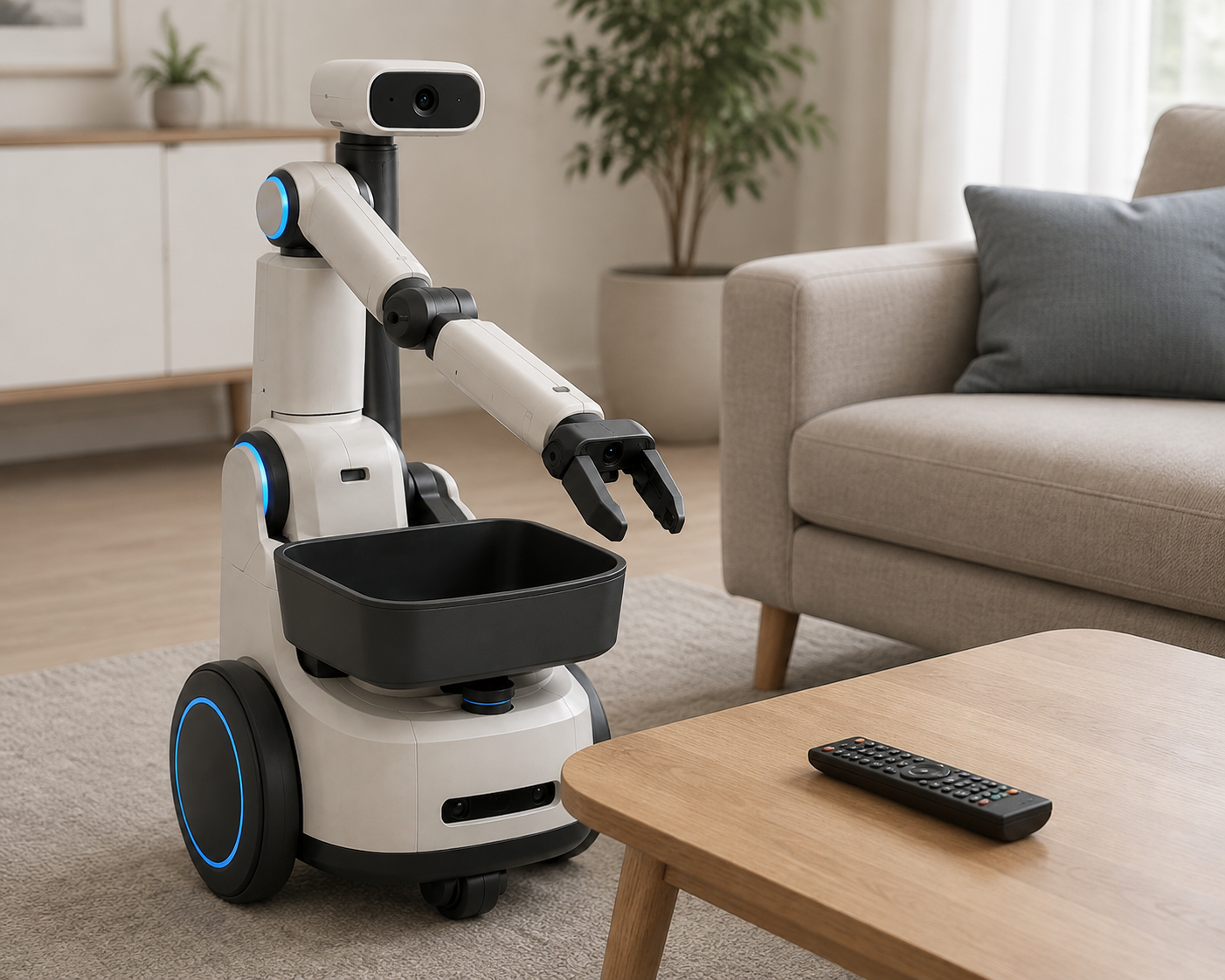FETCH beside a coffee table, gripper reaching toward a television remote.