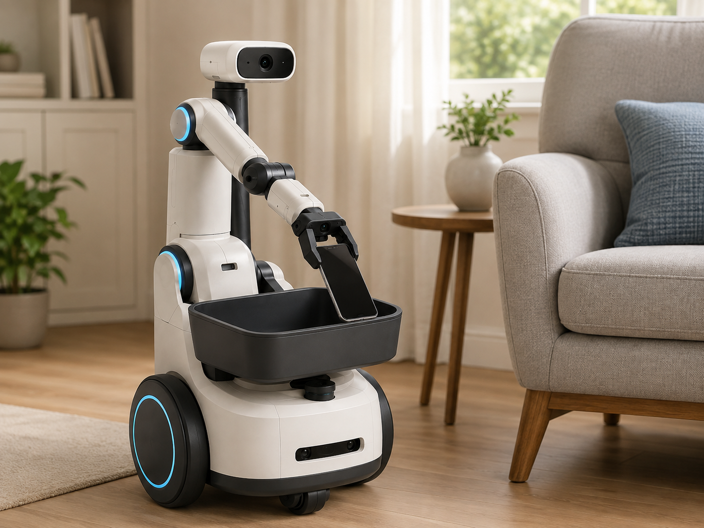 A person taking a smartphone from FETCH’s tray after the robot has returned to the armchair.