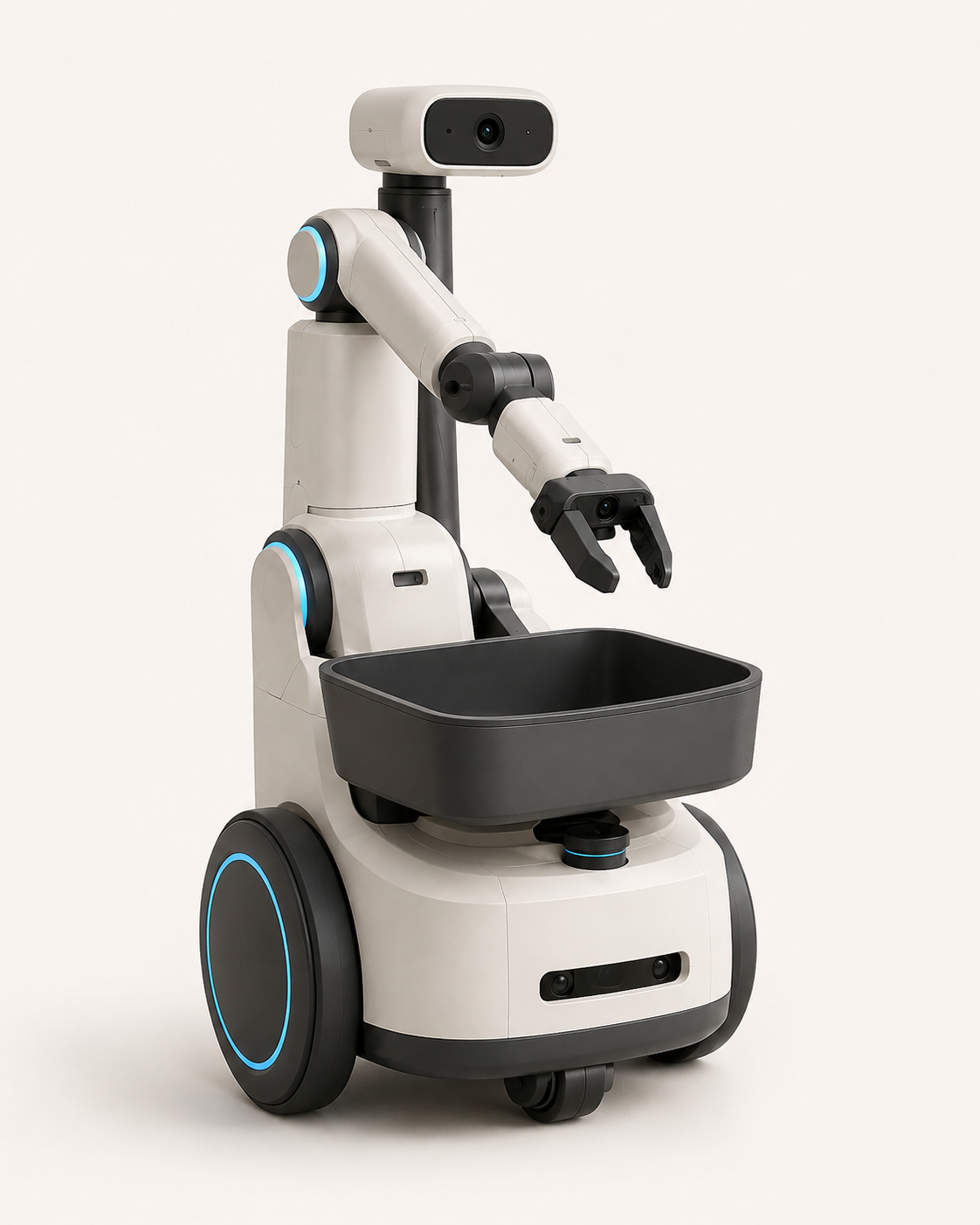 Studio portrait of FETCH: a rounded warm-white appliance with two dark wheels, a front carry tray, one folded arm and a small camera bar.