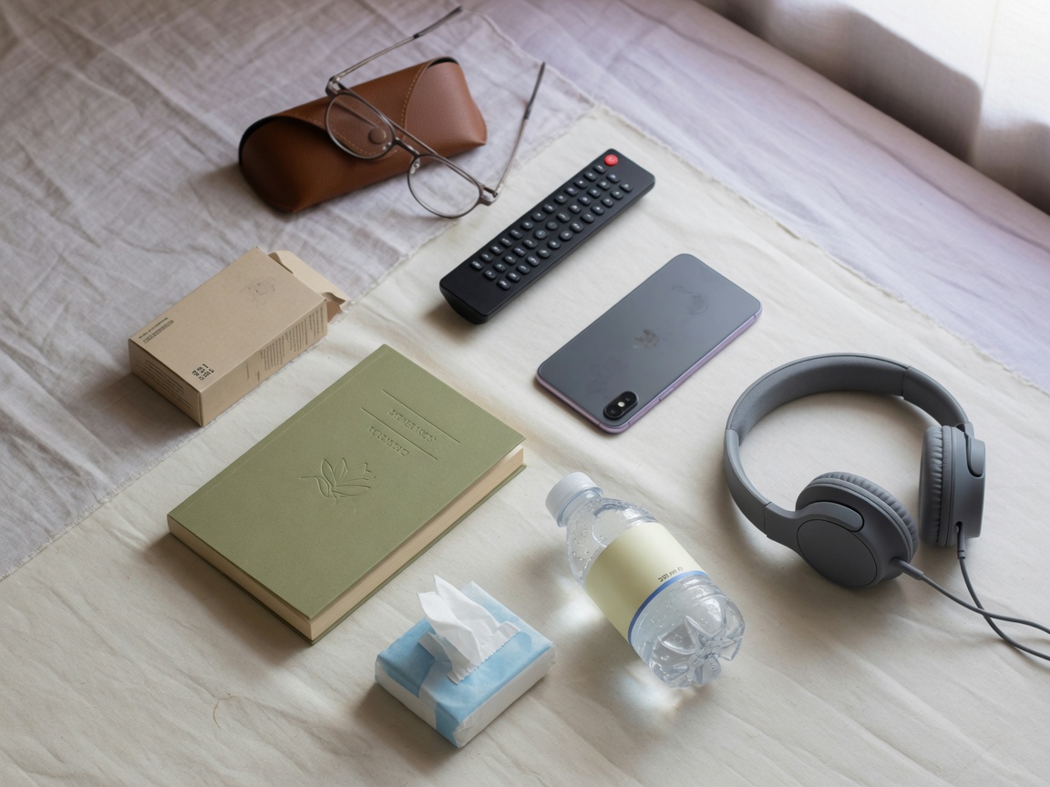 A calm still-life of everyday objects: glasses, a remote, a phone, a closed water bottle, a book, tissues, a small box and headphones.