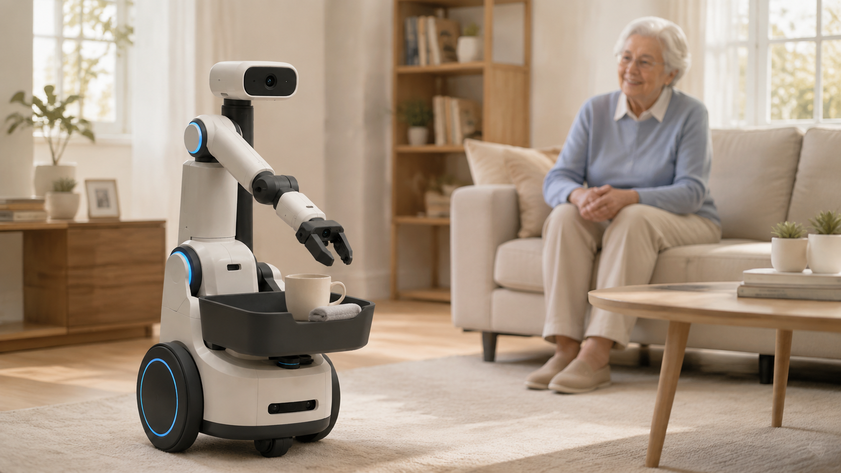 A researcher speaking with two older adults at a dining table in a bright home, with a FETCH prototype standing nearby.